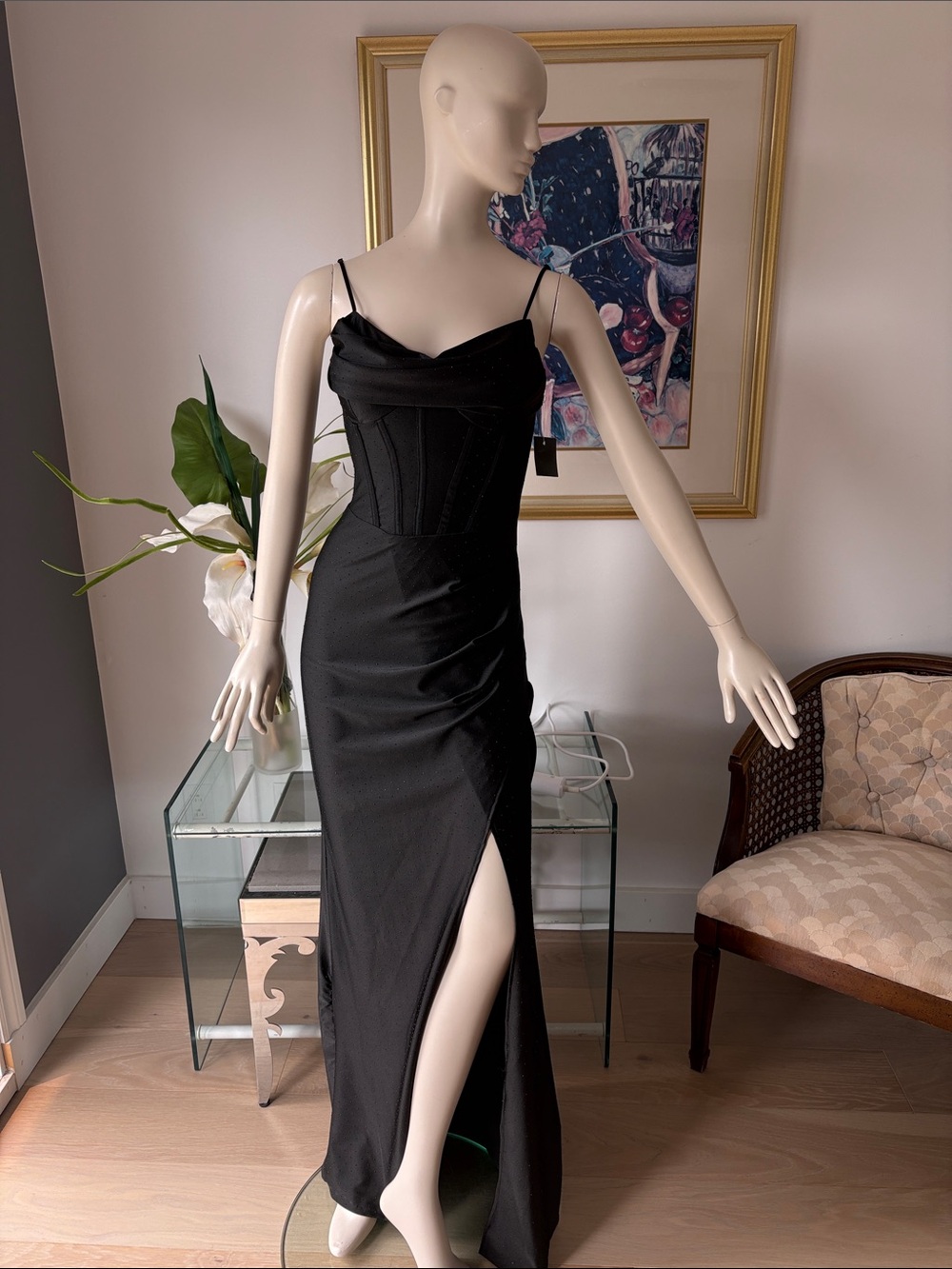 Elegant Black Spaghetti-Strap Maxi Dress with Front Slit
